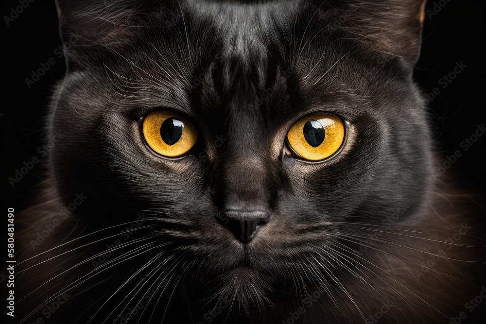 A beautiful black cat looking straight into the camera. Generative AI