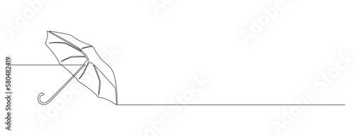 One continuous line drawing of umbrella. Rain and sun protection concept and weather parasol symbol in simple linear style for web banner with empty space. Editable stroke. Doodle vector illustration