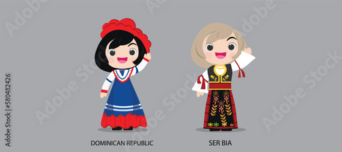 People in national dress.Dominican Republic,Serbia,Set of pairs dressed in traditional costume. National clothes. illustration.
