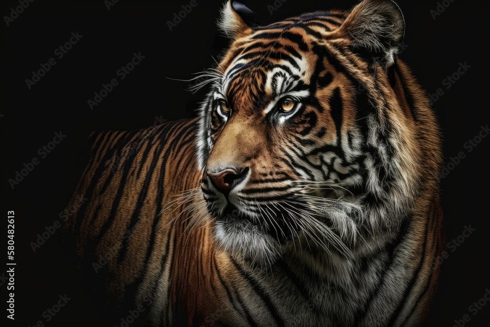 A black background and a picture of a tiger. Generative AI A black background and a picture of a tiger. Generative AI