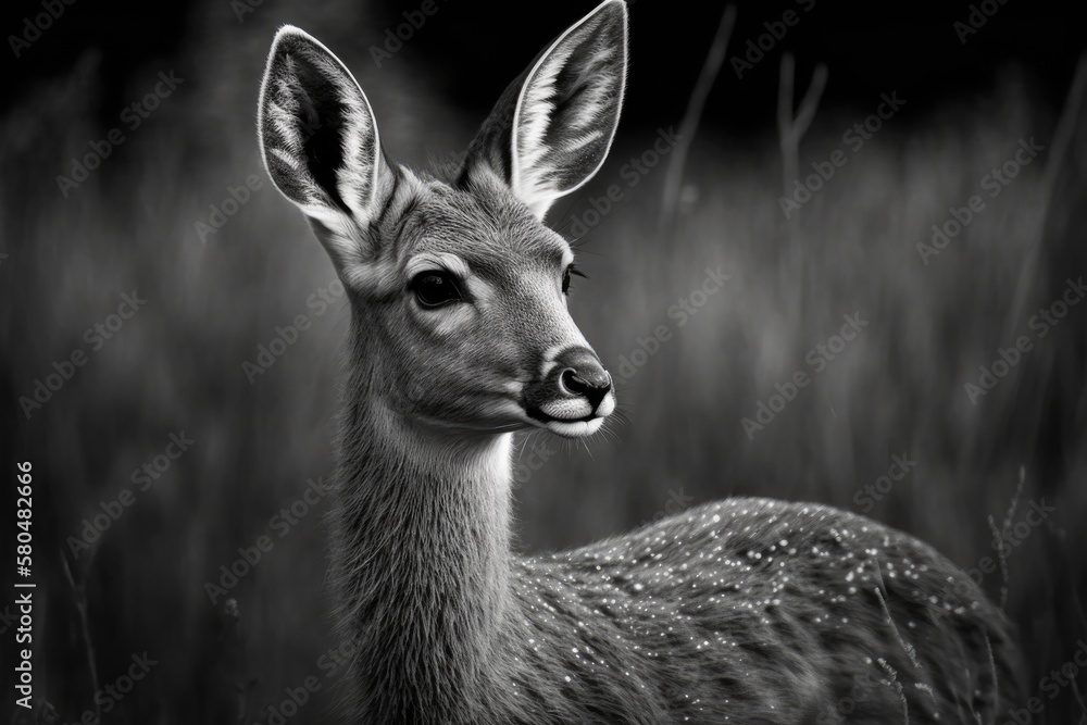 A black and white picture of a young male roe deer (Capreolus capreolus). Beautiful monochrome deer photograph. Generative AI A black and white picture of a young male roe deer (Capreolus capreolus). Beautiful monochrome deer photograph. Generative AI