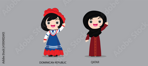 People in national dress.Dominican Republic,Qatar,Set of pairs dressed in traditional costume. National clothes. illustration.