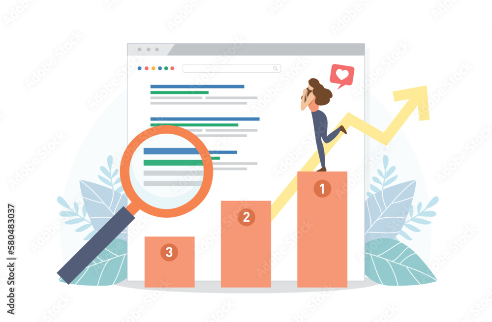 Happy woman stand on SEO top ranking dock. Google search screen with magnifier . Vector illustration flat design style. SEO, Search Engine Optimization, Top ranking Concept.