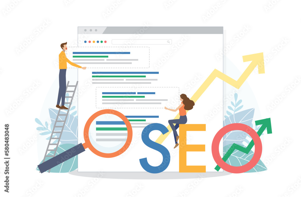 Man and woman change SEO ranking position. Search screen page with magnifier . Vector illustration flat design style. SEO, Search Engine Optimization, Top ranking Concept. - obrazy, fototapety, plakaty 