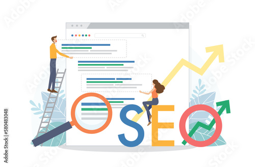 Man and woman change SEO ranking position. Search screen page with magnifier . Vector illustration flat design style. SEO, Search Engine Optimization, Top ranking Concept.
