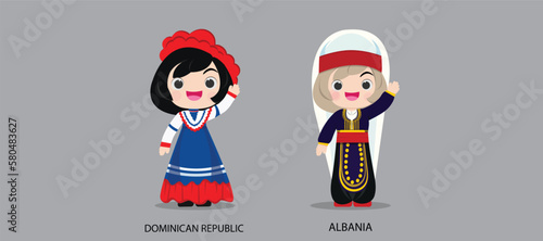 People in national dress.Dominican Republic,Albania,Set of pairs dressed in traditional costume. National clothes. illustration.
