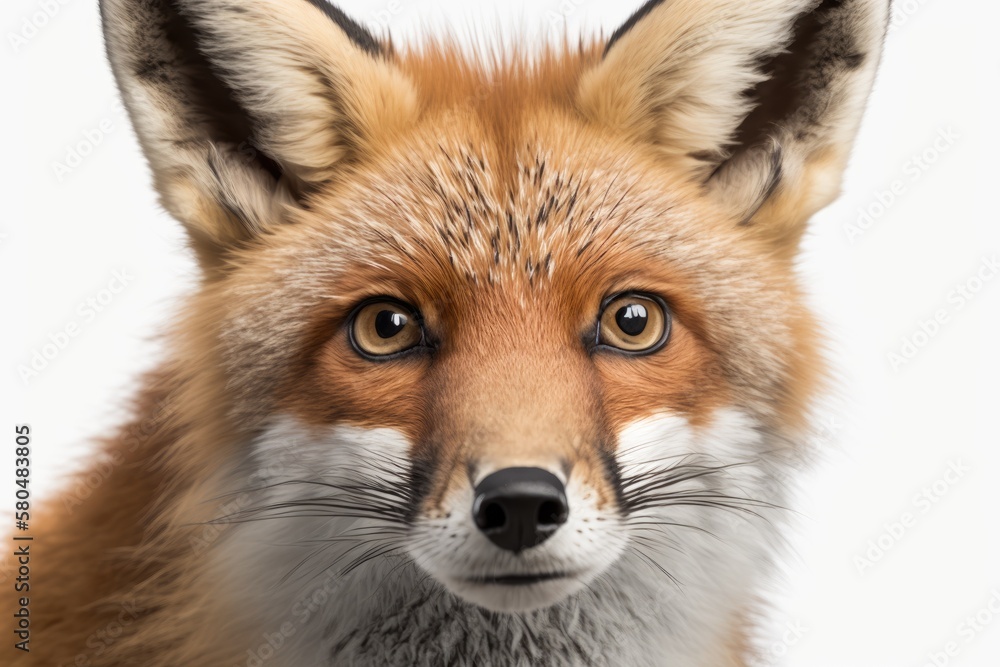 A close up of the head of a one year old Red Fox in front of a white background. Generative AI