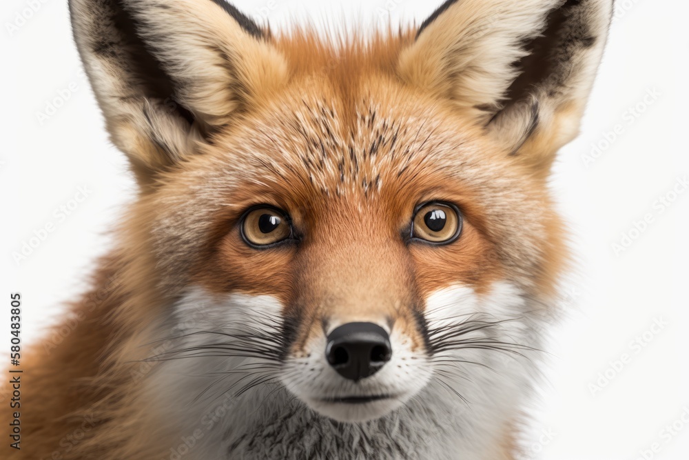 A close up of the head of a one year old Red Fox in front of a white background. Generative AI A close up of the head of a one year old Red Fox in front of a white background. Generative AI