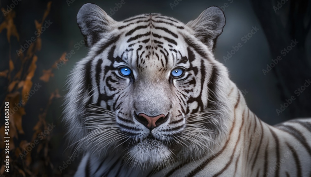 tiger with blue eyes is shown with a dark background generative ai