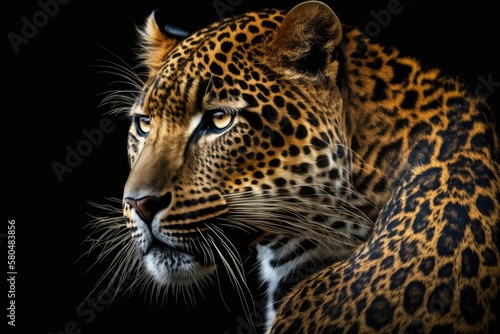 A close up picture of a leopard on a dark background. Generative AI