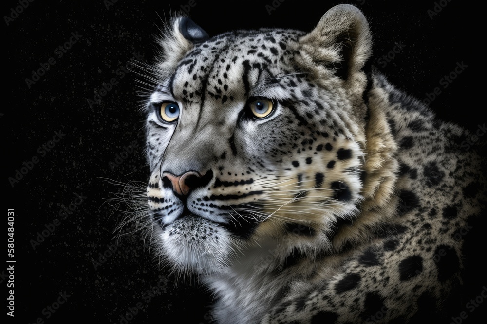 A black background shows a picture of a snow leopard. Generative AI A black background shows a picture of a snow leopard. Generative AI