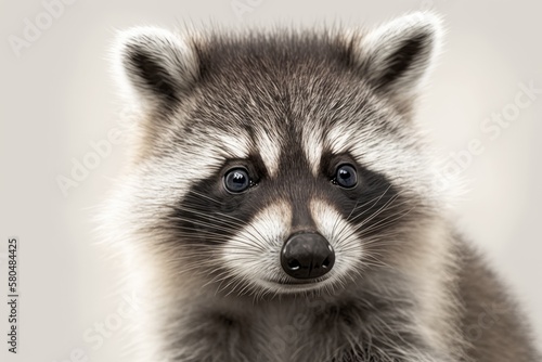 A close up picture of a small white and gray raccoon on a white background. Generative AI © AkuAku