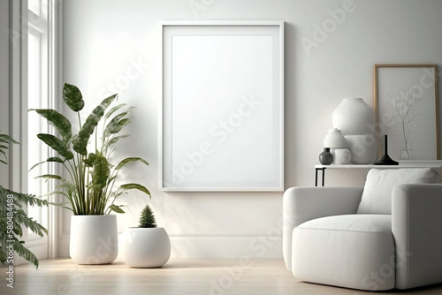 Minimalist living room with empty blank picture frame mockup in scandinavian style. Generative ai interior design