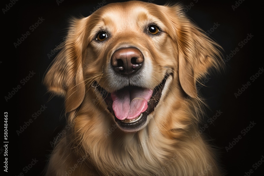 A close up picture of a pretty girl goldie dog on a brown background. smiling big and happy for the camera Her mouth is wide open, and her tongue is sticking out. Shot in the studio. Generative AI