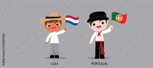 People in national dress.Cuba,Portugal,Set of pairs dressed in traditional costume. National clothes. illustration.