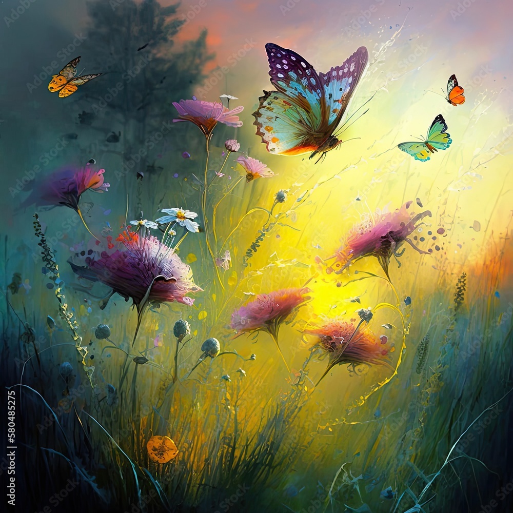 Butterflies With Flowers Background 003 Generative AI