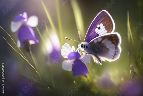 Beautiful field meadow flowers chamomile and violet wild bells and butterfly in summer morning in green grass on nature. Ultra High Realistic. ultra high resolution, Isolated on White Background.