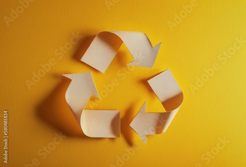 cardboard figure of three arrows representing recycling on a yellow background