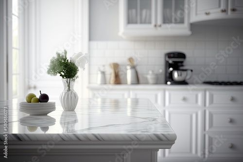 Close-up of a kitchen island with marble countertop in a bright interior. Real estate content by AI generative © Nataly
