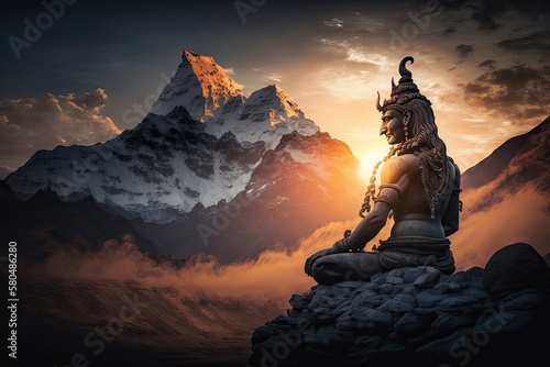 Hindu god Shiva, meditating on Mount Kailasa in the Himalayas, generative AI
