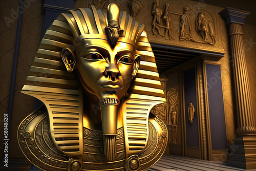 Pharaoh golden mask, panoramic 3d egypt scene, generative AI
