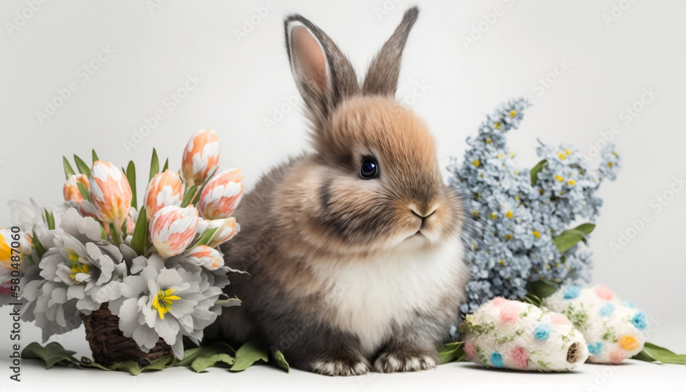 Easter Delight: Adorable Rabbit with Beautiful Spring Flowers Easter Delight: Adorable Rabbit with Beautiful Spring Flowers