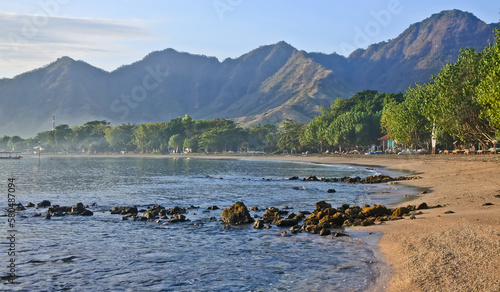 tropical beach scene with mountains in the background