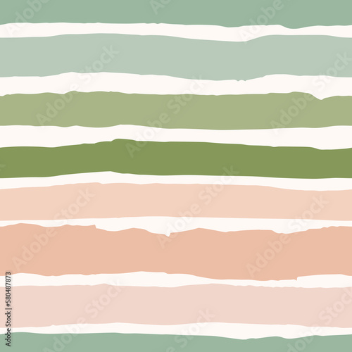 Horizontal Rugged Organic Stripes Vector Seamless Pattern. Hand Drawn Pink and Green Minimalistic Print. Summer Design