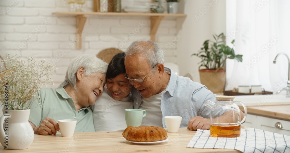 Asian senior couple kindly embracing their teen granddaughter at kitchen table, enjoying their togetherness - family times, relationship, love concept Asian senior couple kindly embracing their teen granddaughter at kitchen table, enjoying their togetherness - family times, relationship, love concept