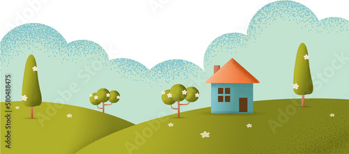 Illustration of a cartoon house inside beautiful meadows landscape in summer season. Vector texture style concept illustration.