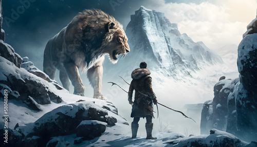 hunter holding spear encounters sabertooth smilodon on snowy 🏔️ Mountaintop pass, snowy peaks, frost ice fog, diffused light, cinematic, spectacular, smooth sharp rendering 32k, Generative AI photo