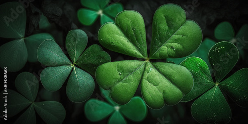 Four-leaf green clover for good luck on St. Patrick's Day, Abstract Background, Generative AI