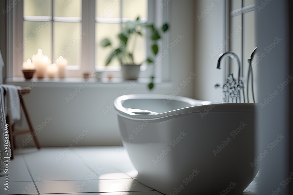 Fototapeta premium Close-up of new modern bathtub in design bathroom. Real estate by AI generative