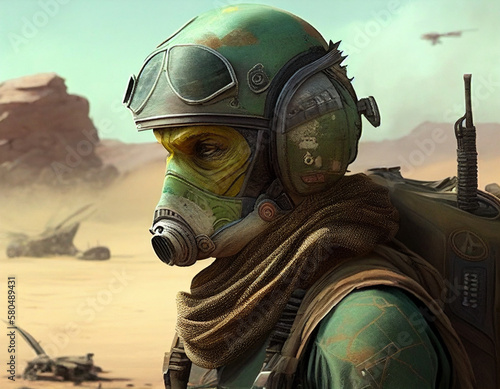 A soldier with a protective mask, in a Mars-like desert setting, AI generated.