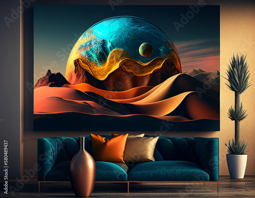 A living room with a picture on the wall with mountains, a planet, natural satellite, with decorative vases, AI generated.