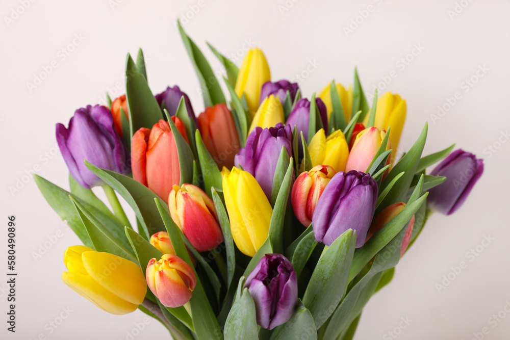 Bouquet of colorful tulips on white background, closeup Bouquet of colorful tulips on white background, closeup