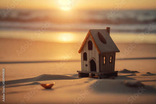 Small model home on sunset beach abstract background. Business and nature concept. Generative ai