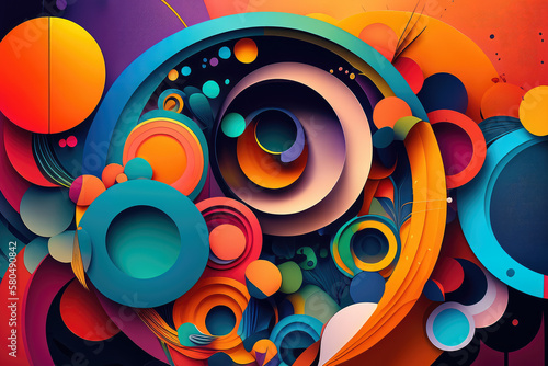 Vibrant mixed media composition with overlapping circular shapes and textures in a rainbow of colors, generative ai