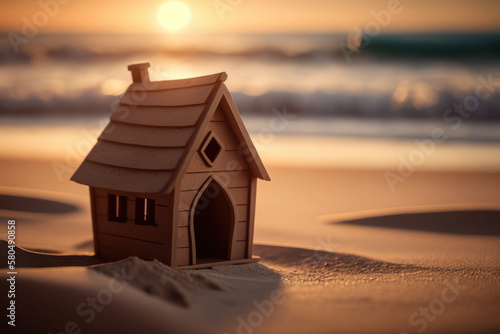Small model home on sunset beach abstract background. Business and nature concept. Generative ai © tonktiti