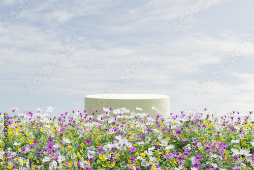 Abstact 3d render spring scene and Natural podium background, White stone podium on the colorful flowers and grass field, backdrop clear blue sky for product display advertising or etc