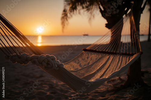 Hammock on tropical sunset beach abstract background. Travel and holiday concept. Generative ai 