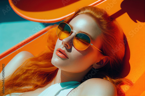 Outdoor close up fashion portrait of beautiful sexy woman in sunglasses have sunbath. Summer beauty. Generative AI.
