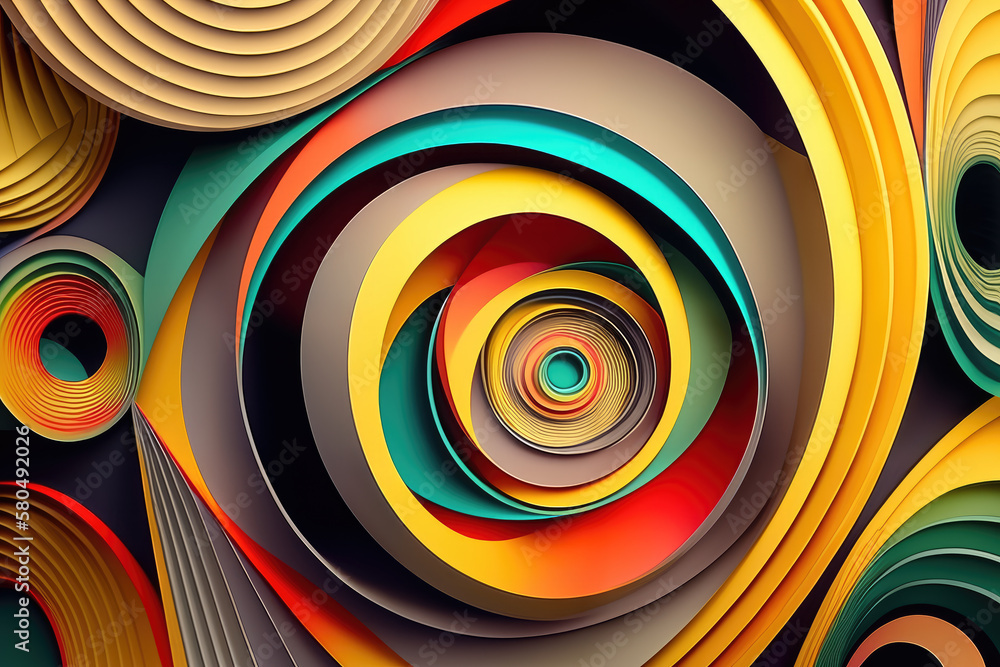 Multicolored concentric circles with overlapping lines in a 3D space ...