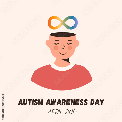 Modern poster for World Autism Awareness Day. Rainbow infinity symbol and autistic special gifted child. Trendy banner or square card with sign of ASD mental disorder. Vector flat illustration.