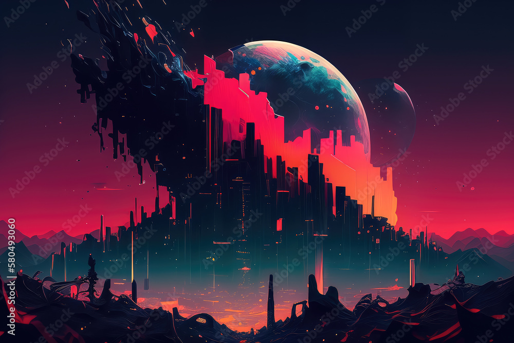 Neon glitch landscape with abstract shapes and vibrant colors, resembling a digital cityscape at night, generative ai