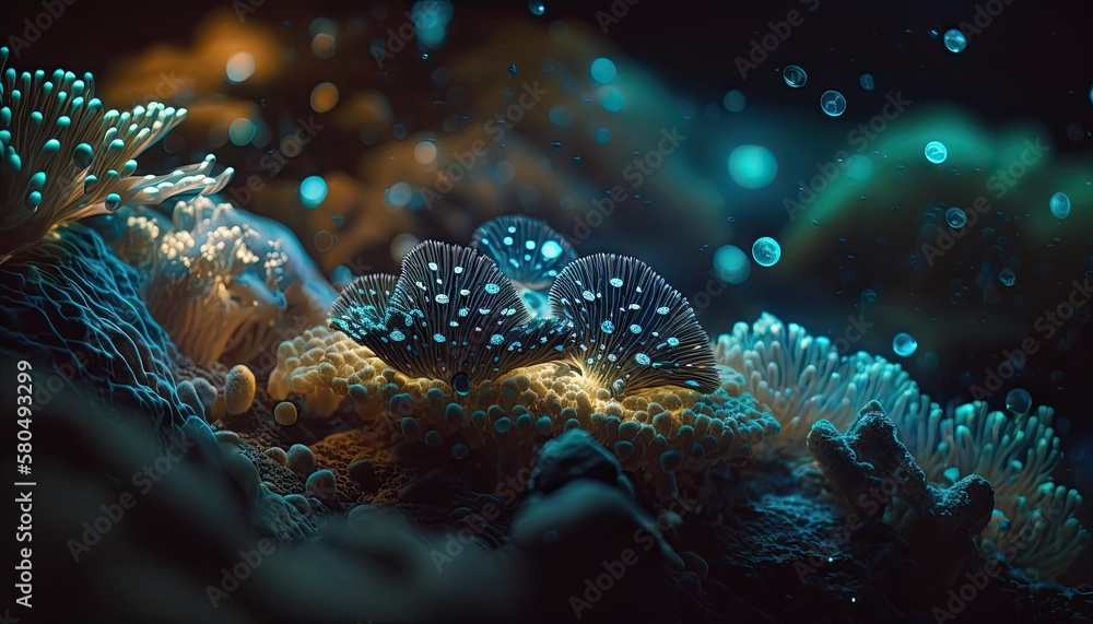 Underwater Algae and coral. Bioluminescent Fish in Aquarium. Under the Sea. Scuba Dive. Glowing Reef. Ocean Life.