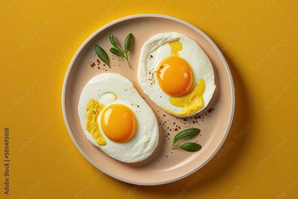 Fried eggs on yellow background, Healthy breakfast. Created Generative Ai Fried eggs on yellow background, Healthy breakfast. Created Generative Ai