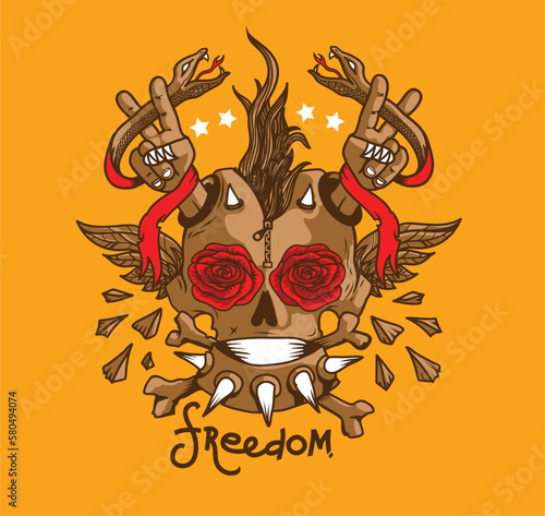 Skull with Roses on the Eyes, Wings and Snakes around the Fingers, Vector Illustration for T-Shirt, Sticker, Clothes and Other Uses