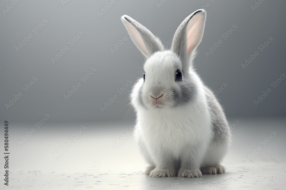Cute rabbit in a white scene, up close. Face the front and turn around. Generative AI