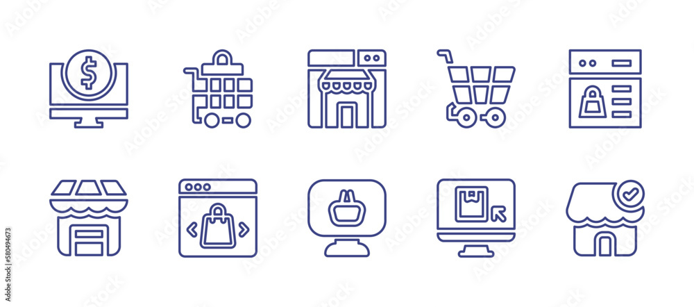 E-Commerce line icon set. Editable stroke. Vector illustration. Containing trade, shopping cart, online shop, ecommerce, shop, choose, e commerce, official store.